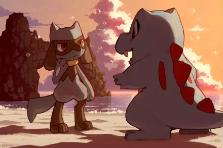 4K Ultra HD Pokémon wallpaper featuring Riolu and Totodile standing on a beach at sunset, captured in a vibrant video game-inspired scene.