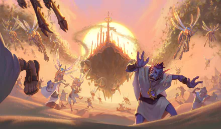 4K Ultra HD PC desktop wallpaper featuring a dramatic scene from the video game Hearthstone: Heroes of Warcraft with armored figures and a towering floating fortress.