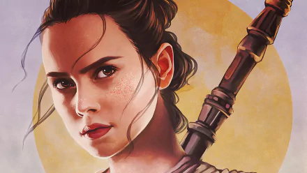 2K Quad HD PC desktop wallpaper: close-up digital portrait of Rey (Star Wars), hair tied back, determined expression and staff over her shoulder against a warm circular backdrop.