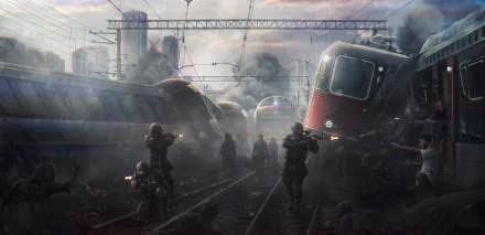 HD PC desktop wallpaper depicting dark, undead soldiers facing off amid derailed trains in a foggy, eerie zombie-infested railway scene.