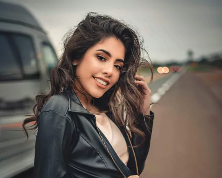 leather jacket smile brunette depth of field woman model HD Desktop Wallpaper | Background Image