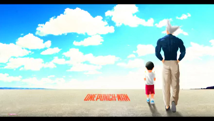 4K Ultra HD anime wallpaper featuring Tareo and Garou from One-Punch Man walking side by side under a bright, cloudy sky on a vast open plain.