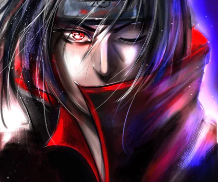 HD anime wallpaper featuring Itachi Uchiha from Naruto with glowing Sharingan eyes, wearing the Akatsuki cloak in vivid colors.
