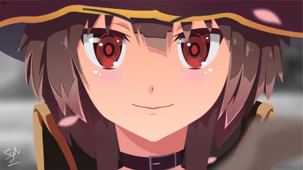 Close-up of Megumin from KonoSuba — red-eyed smile beneath her witch hat, sakura petals drifting; Anime 4K Ultra HD PC desktop wallpaper, KonoSuba - God’s blessing on this wonderful world!!