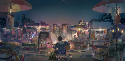 Anime-style HD wallpaper depicting a lively night city scene with people at a market, and a person playing a guitar under colorful umbrellas amidst various food stalls.