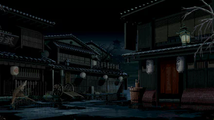 HD desktop wallpaper featuring pixel art of a dark, tranquil village street with traditional Japanese architecture, lanterns, and a wagon.