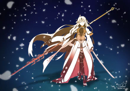 HD PC desktop wallpaper featuring Nagao Kagetora from Fate/Grand Order, standing confidently with a glowing spear and sword against a starry night sky.