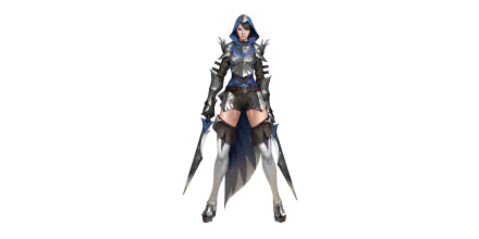 5K Ultra HD PC desktop wallpaper: hooded woman warrior in blue-black armor, dual swords at her sides, standing ready in a fantasy scene.
