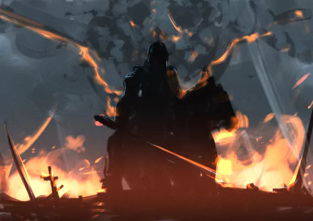 HD fantasy desktop wallpaper of a dark knight standing amidst fiery ruins, cloaked in shadows with glowing embers illuminating the scene.