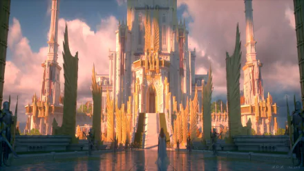 HD wallpaper showcasing a majestic fantasy building with towering spires, glowing in golden light, set against a dreamy sky backdrop.