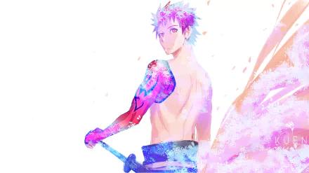 Shirou Emiya and Sengo Muramasa (Fate/Grand Order) anime 2K Quad HD PC wallpaper: shirtless Shirou holding a sword amid vivid watercolor splashes