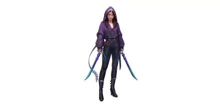 4K Ultra HD PC desktop wallpaper/background: hooded woman warrior assassin in a purple cloak, armed with dual daggers and curved blades, standing in a poised fantasy weapon-ready stance.