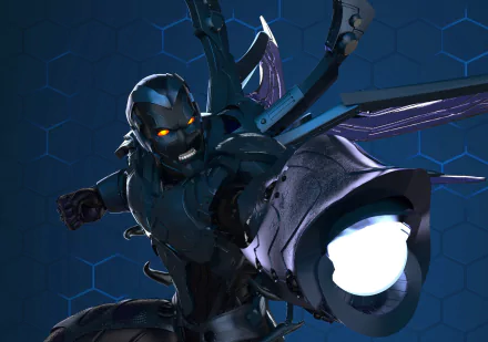 HD desktop wallpaper of Jaime Reyes as Blue Beetle (DC Comics): armored comic hero with glowing eyes and energy cannon, dynamic blue-toned action pose on a hex-grid background.