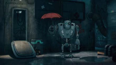Encodya video game scene: a lone robot holding a red umbrella in a damp, neon-lit alley — 4K Ultra HD PC desktop wallpaper and background
