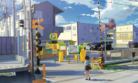 Anime-style HD PC desktop wallpaper depicting a bright urban scene with buildings, a parking area, and a child standing near a railroad crossing on a sunny day.