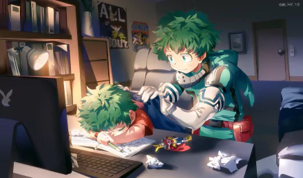 HD desktop wallpaper featuring Izuku Midoriya from the anime My Hero Academia, showing him comforting a younger version of himself at a desk in a dimly lit room.