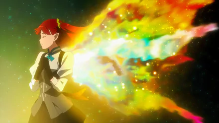 HD anime desktop wallpaper featuring Bera (Bem) with vibrant, colorful energy flowing from her back, set against a dark, starry background.