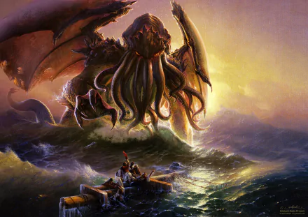 HD PC desktop wallpaper: Lovecraftian Cthulhu rises from a stormy sea, batlike wings and writhing tentacles looming over tiny sailors in a battered skiff.