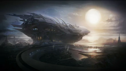 HD PC desktop wallpaper showcasing sci-fi concept art of a sleek spaceship hovering over a futuristic landscape at sunset.