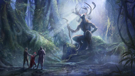 A majestic Celtic Cernunnos creature stands in a mystical forest, bathed in light, facing three figures in this detailed HD fantasy PC desktop wallpaper.
