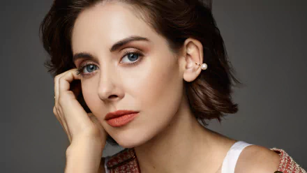 earrings lipstick face close-up blue eyes brunette actress American Celebrity Alison Brie HD Desktop Wallpaper | Background Image