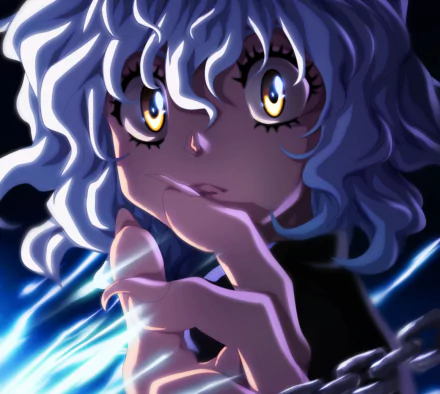 HD anime desktop wallpaper of Neferpitou from Hunter × Hunter, featuring a close-up with glowing eyes and dynamic lighting effects.