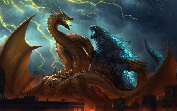 HD PC desktop wallpaper featuring King Ghidorah and Godzilla in an intense battle from the movie Godzilla: King of the Monsters under a stormy sky.