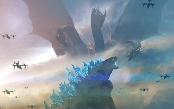 HD PC desktop wallpaper featuring King Ghidorah and Godzilla in an epic battle scene from the movie Godzilla: King of the Monsters.