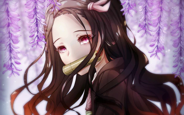 HD desktop wallpaper of Nezuko Kamado from the anime Demon Slayer: Kimetsu no Yaiba, featuring Nezuko with flowing hair, wearing her bamboo mouthguard, surrounded by cascading purple flowers.