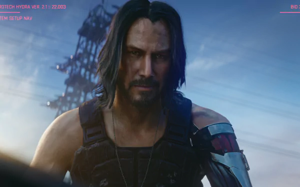 HD desktop wallpaper of a character modeled after Keanu Reeves in the video game Cyberpunk 2077, set against a futuristic backdrop.