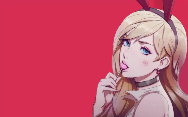 Anime-style HD desktop wallpaper of a blonde girl with blue eyes wearing bunny ears, holding a lollipop against a solid red background.