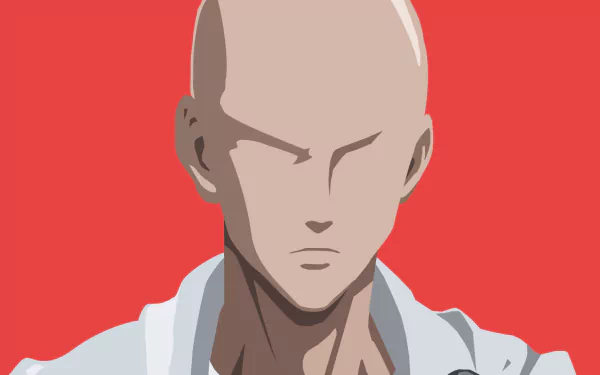Close-up minimalist vector illustration of Saitama from One-Punch Man, featuring his bald head and cape against a bold red background, designed as a HD PC desktop wallpaper.