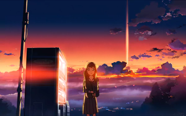 HD wallpaper of Sayuri Sawatari from The Place Promised in Our Early Days, featuring her standing by a bus stop with a vivid sunset and skyline backdrop.