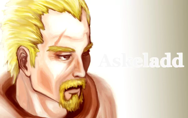 HD PC desktop wallpaper featuring Askeladd from the anime Vinland Saga, showcasing his intense expression and detailed blonde hair.
