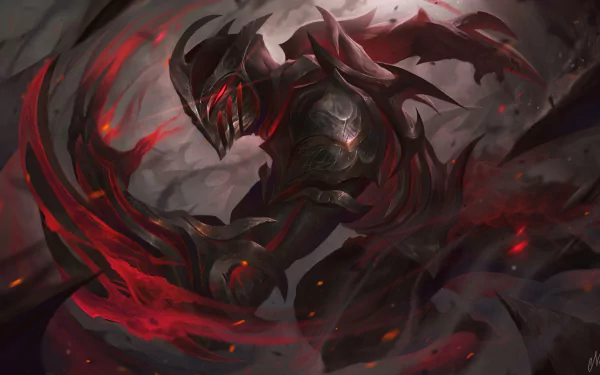 Zed from League of Legends depicted in dark, swirling shadows with red accents, rendered in 4K Ultra HD as a dynamic PC desktop wallpaper.