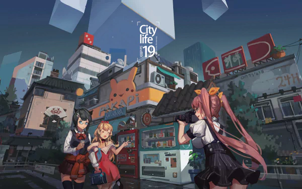 Anime-style city scene featuring three friends in a vibrant urban setting, captured in HD quality as a dynamic PC desktop wallpaper and background.