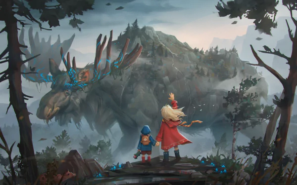 A giant fantasy moose looms over a little girl and child standing on a rocky outcrop in a misty forest, captured in an HD fantasy animal desktop wallpaper.