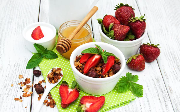 fruit still life granola honey strawberry berry food breakfast HD Desktop Wallpaper | Background Image