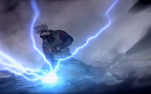 HD anime wallpaper featuring Kakashi Hatake unleashing the Chidori lightning attack from Naruto, set against a stormy, dramatic background.