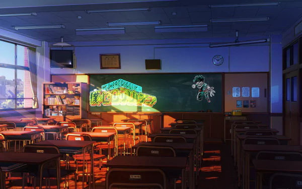 Classroom scene from My Hero Academia featuring Izuku Midoriya with anime-style HD PC desktop wallpaper and background lighting effects.
