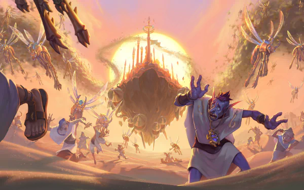 4K Ultra HD PC desktop wallpaper featuring a dramatic scene from the video game Hearthstone: Heroes of Warcraft with armored figures and a towering floating fortress.