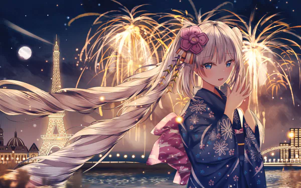 An anime depiction of Marie Antoinette from Fate/Grand Order with long white hair and blue eyes, standing in front of the Eiffel Tower, illuminated by fireworks. HD desktop wallpaper.