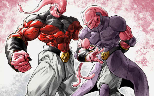 Majin Buu anime HD PC desktop wallpaper from Dragon Ball Z: two muscular, pink-hued forms facing off on a textured pink-and-white background.