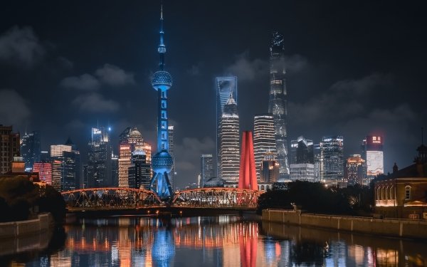 Man Made Shanghai Cities China Night City Building River Reflection Skyscraper Oriental Pearl Tower HD Wallpaper | Background Image