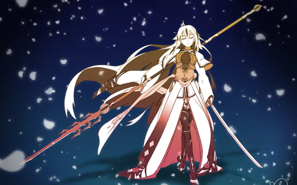 HD PC desktop wallpaper featuring Nagao Kagetora from Fate/Grand Order, standing confidently with a glowing spear and sword against a starry night sky.