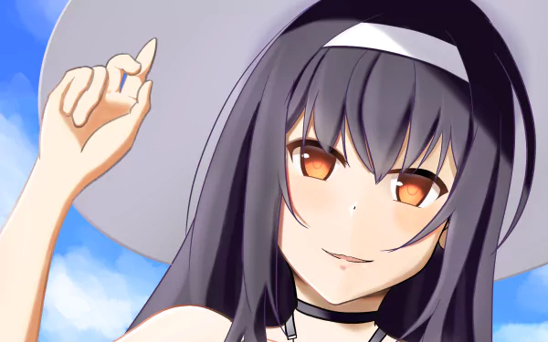 HD PC wallpaper of Utaha Kasumigaoka from Saekano: anime portrait with long dark hair, amber eyes, white sunhat and choker against a blue sky.
