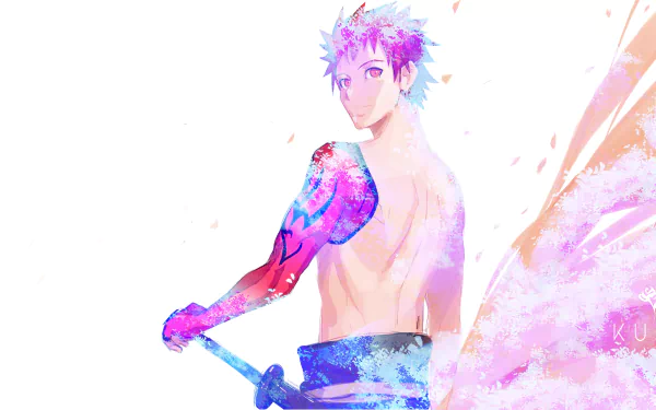 Shirou Emiya and Sengo Muramasa (Fate/Grand Order) anime 2K Quad HD PC wallpaper: shirtless Shirou holding a sword amid vivid watercolor splashes
