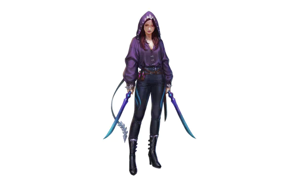 4K Ultra HD PC desktop wallpaper/background: hooded woman warrior assassin in a purple cloak, armed with dual daggers and curved blades, standing in a poised fantasy weapon-ready stance.