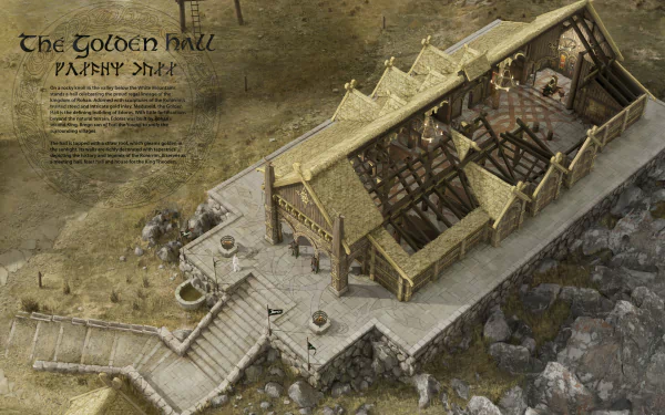 Cross-section HD desktop wallpaper depicting Meduseld, the Golden Hall of Rohan from The Lord of the Rings, showcasing detailed fantasy architecture and interior.