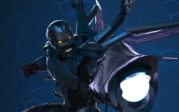 HD desktop wallpaper of Jaime Reyes as Blue Beetle (DC Comics): armored comic hero with glowing eyes and energy cannon, dynamic blue-toned action pose on a hex-grid background.